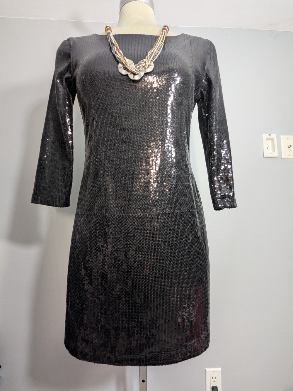 New Deductions Black Sequin Mini Dress with Three-Quarter Sleeves Size M